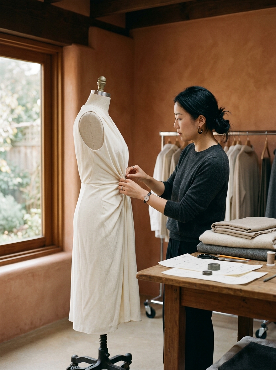 Designer adjusting an ivory garment in the AURELLE atelier