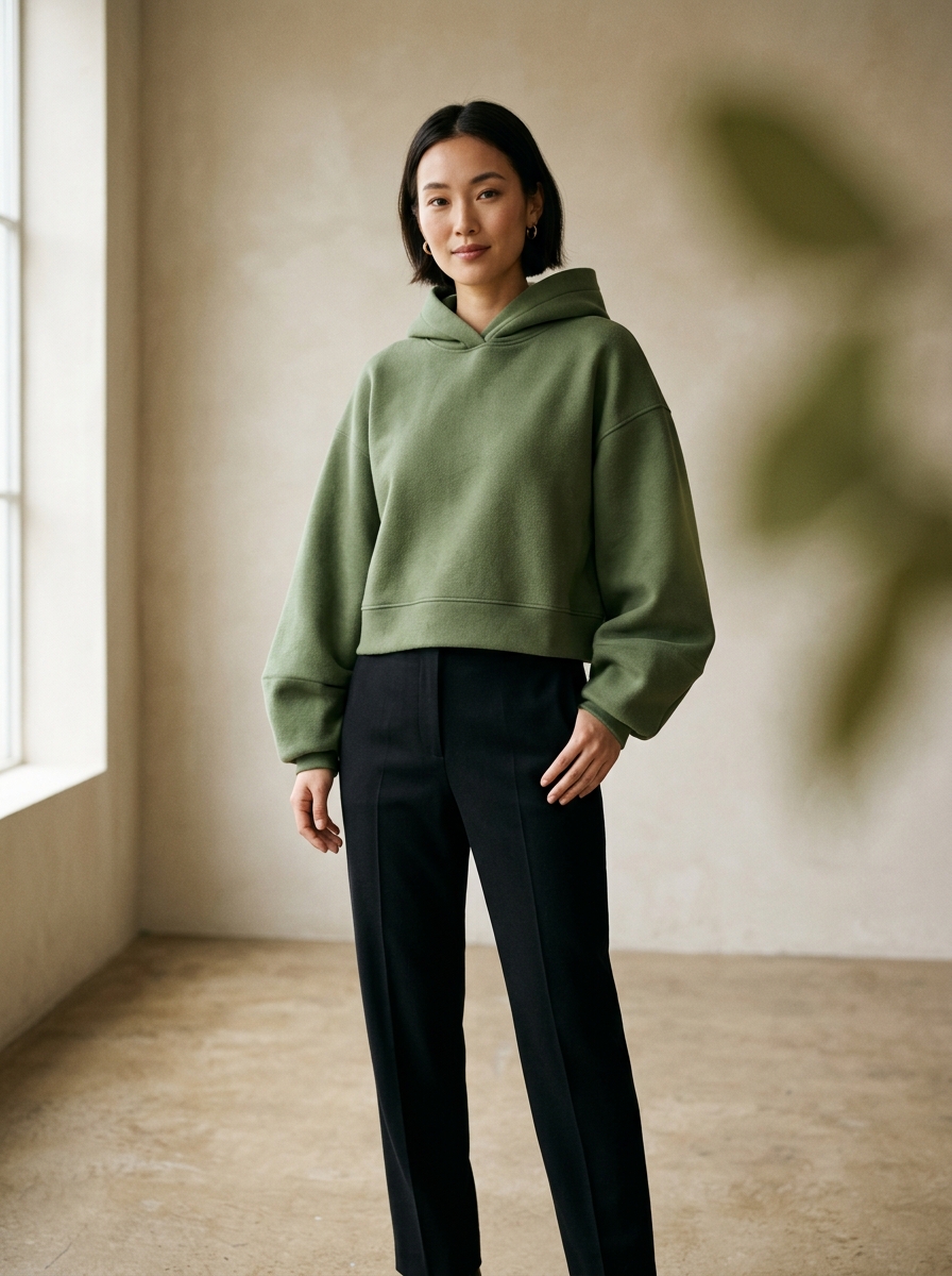 Model wearing the moss Iris cropped hoodie