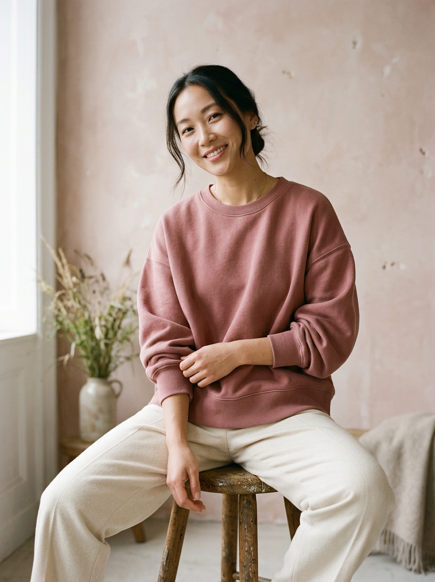 Model wearing the dusty rose Lune sweatshirt