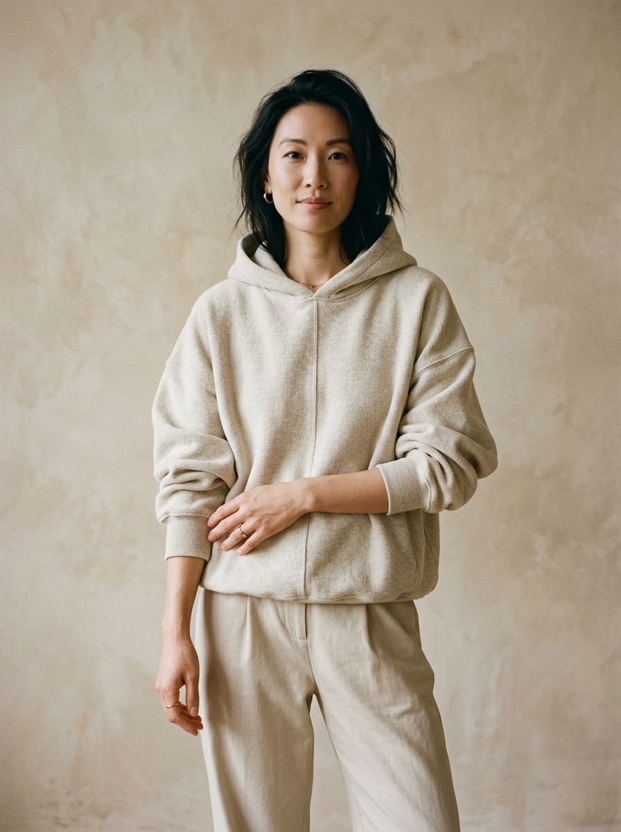 Model wearing the oatmeal Olia cocoon hoodie