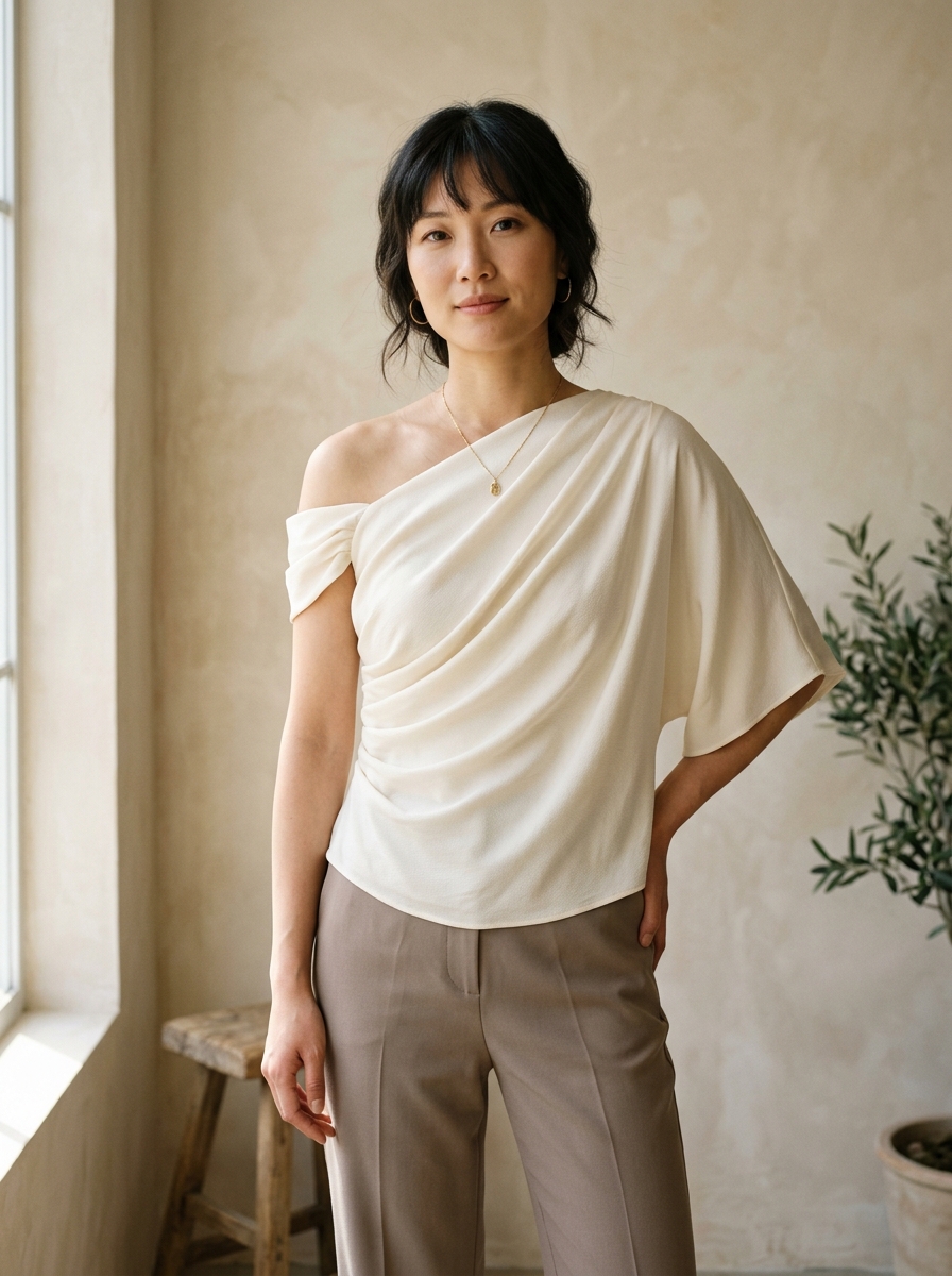Model wearing the ivory Elara draped top