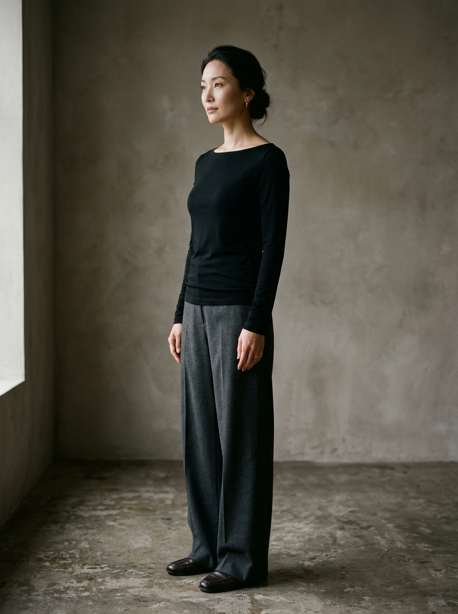 Model wearing the ink Mira boatneck top