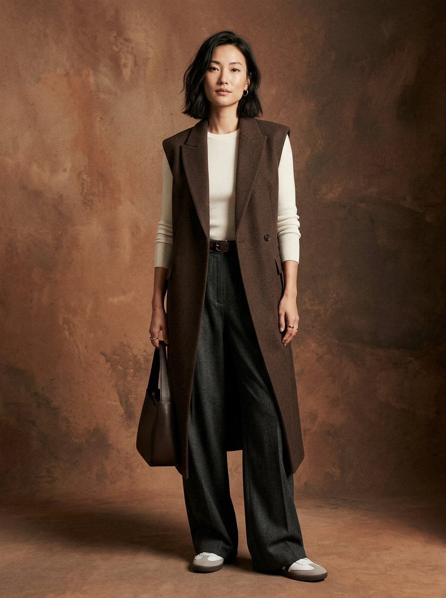 Model wearing the espresso Alma longline vest