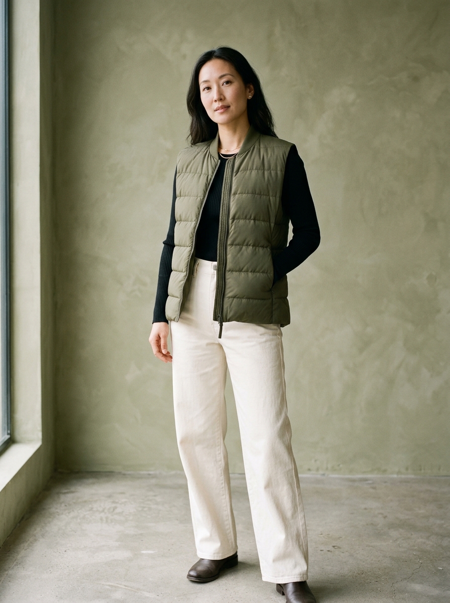 Model wearing the olive Sera padded gilet